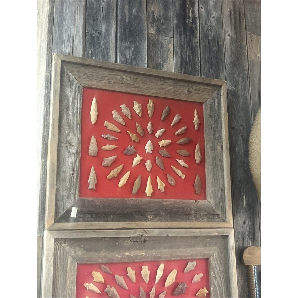 Framed Stone Arrowhead Projectile Point Collection Rustic Wood Display Case